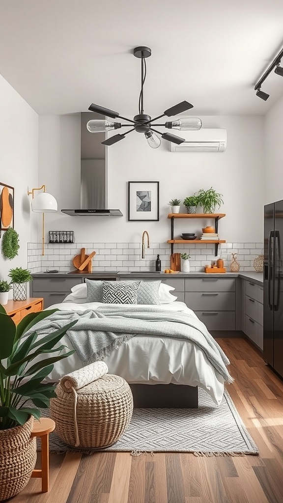 A modern kitchen featuring industrial lighting with a unique ceiling fixture, sleek cabinetry, and natural elements.