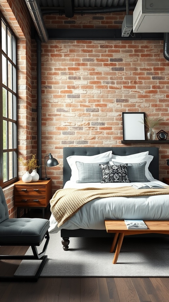 A stylish industrial loft bedroom featuring a brick wall, cozy bedding, and modern decor.