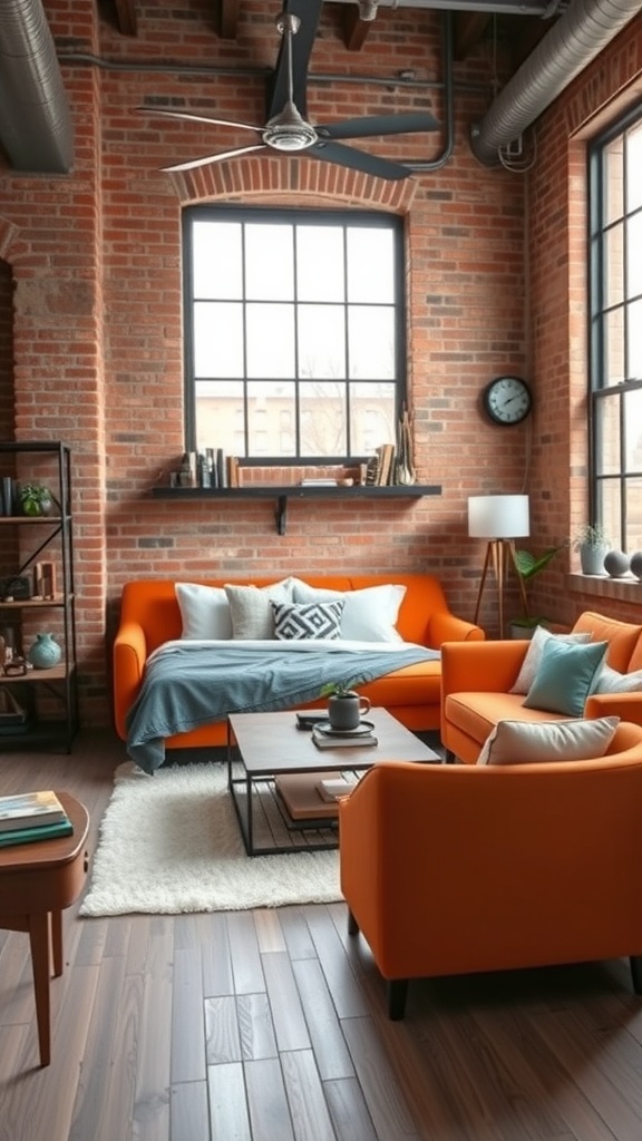 A cozy living room featuring an orange sofa, exposed brick walls, and industrial decor.