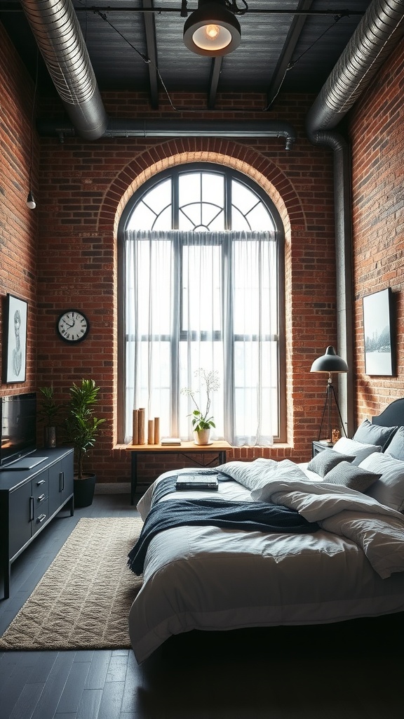 A stylish industrial loft bedroom featuring exposed brick walls, large windows, and cozy bedding.