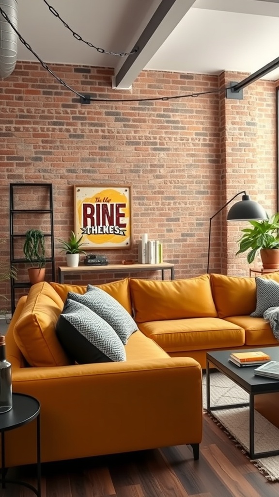 A mustard sofa in a modern industrial living room with exposed brick walls and stylish decor.