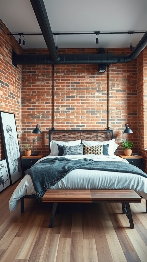 A stylish industrial bedroom featuring exposed brick walls, a wooden bed frame, and modern decor.