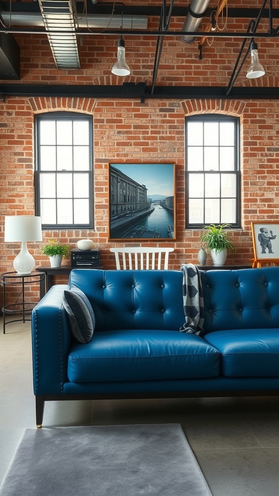 Living room with blue leather sofa, exposed brick walls, and industrial decor