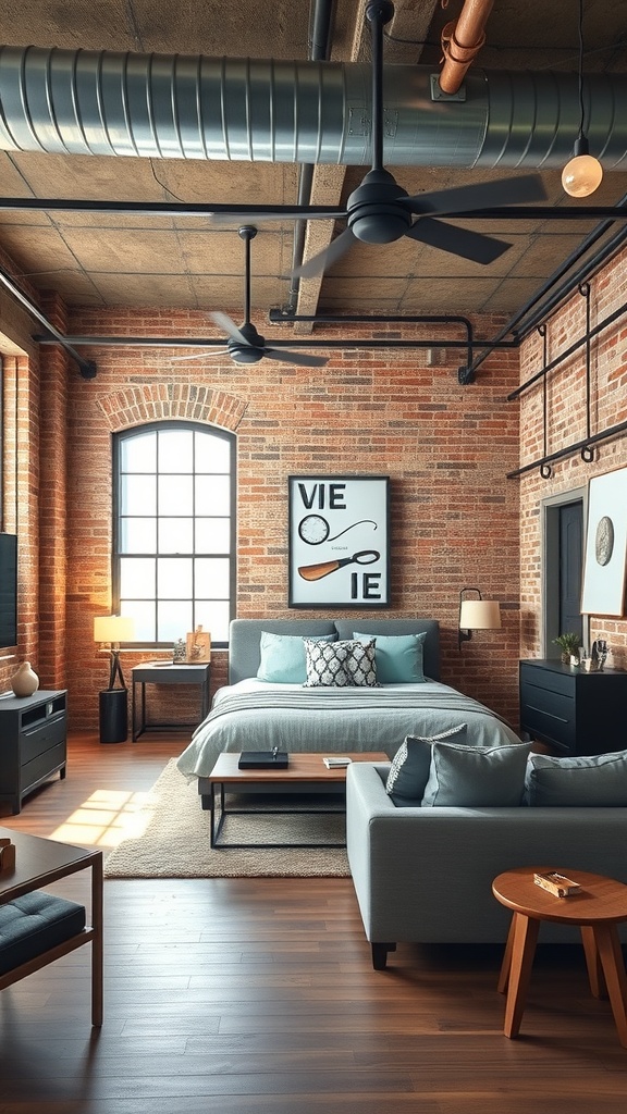 A cozy industrial loft featuring exposed brick walls, large windows, and stylish furniture.