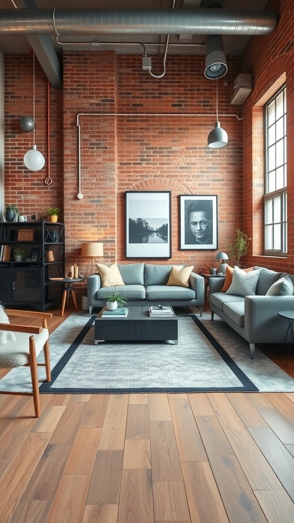 A living room featuring an industrial metal table, cozy seating, and exposed brick walls.