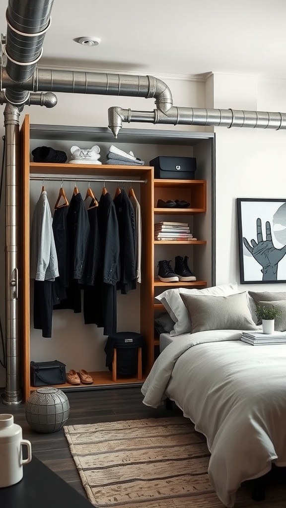 An industrial-style open wardrobe in a bedroom featuring metal pipes and wooden shelves.
