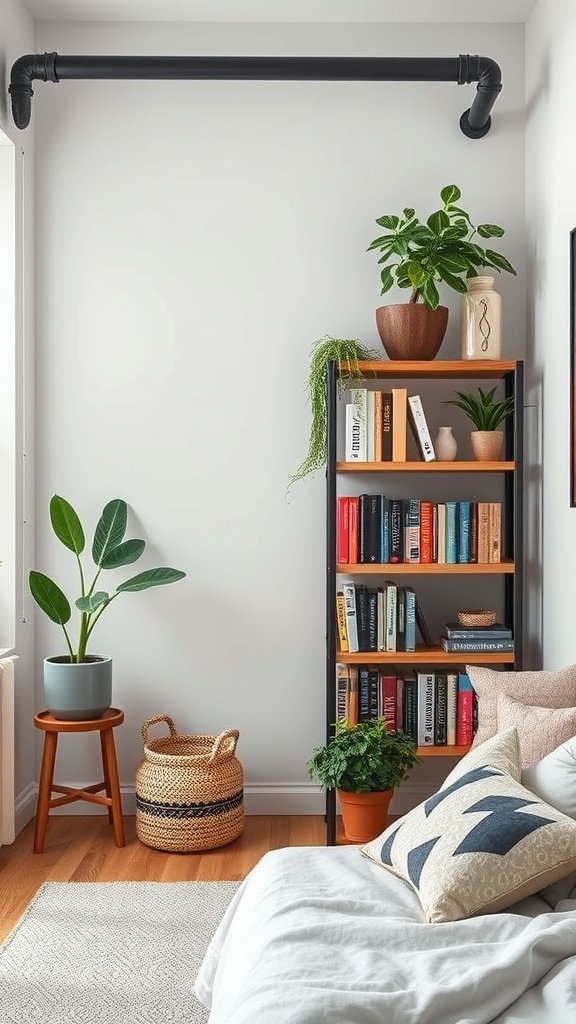 Industrial pipe corner shelf with books and plants