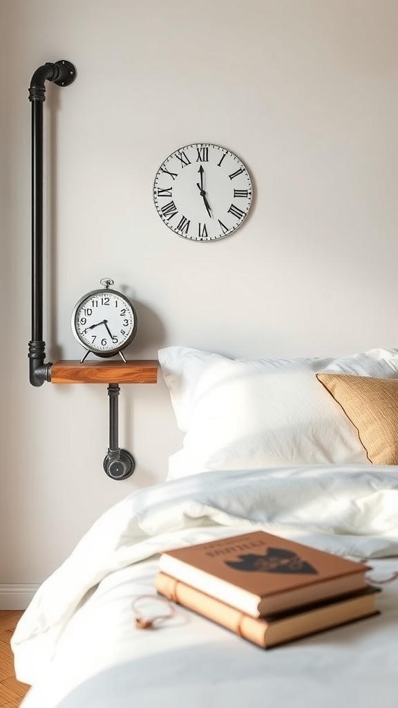 An industrial pipe floating shelf with a wooden top, a clock, and a cozy bed.