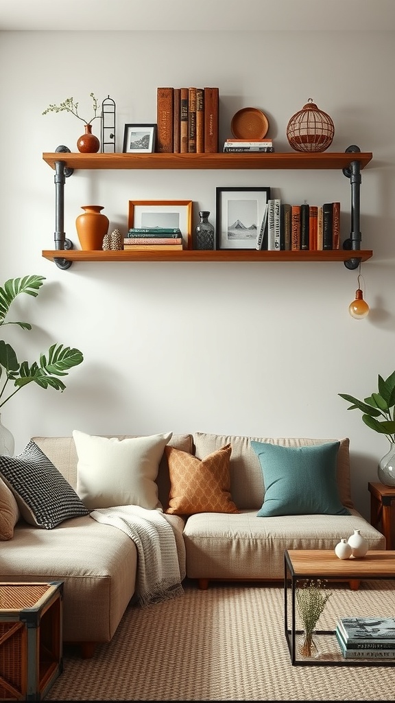 Industrial pipe shelves with wooden boards displaying books and decorative items in a cozy living room setting.