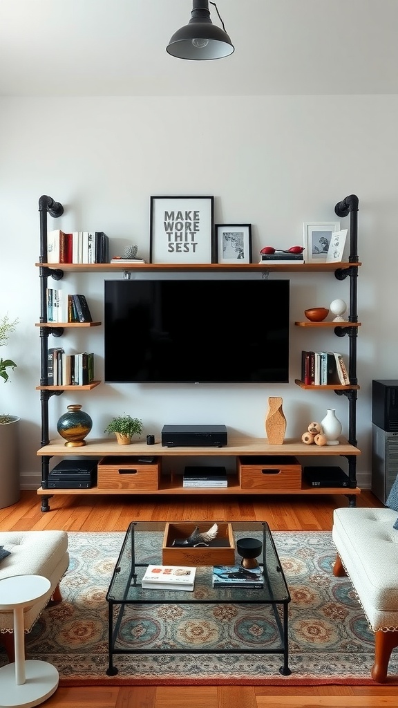 Living room with industrial pipe shelving and a TV display