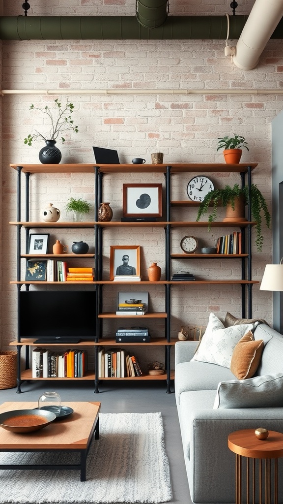 An industrial pipe shelving unit with wooden shelves displaying plants, books, and decorative items in a cozy living room setting.