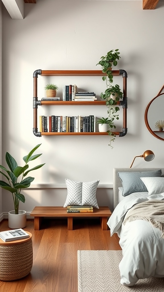 Industrial pipe shelving with books and plants in a modern bedroom