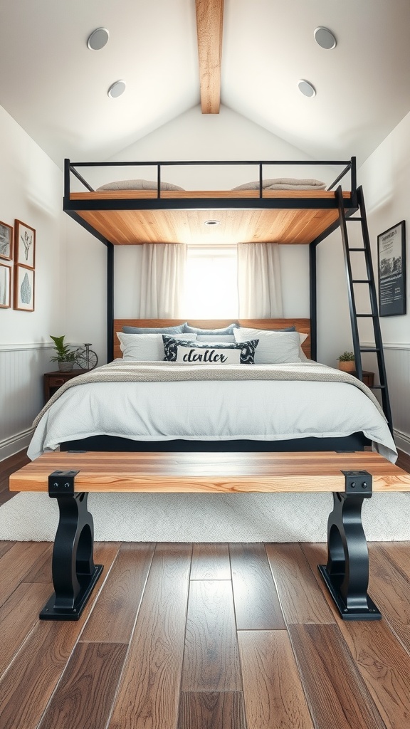 A stylish industrial bench at the end of a bed in a modern loft bedroom.