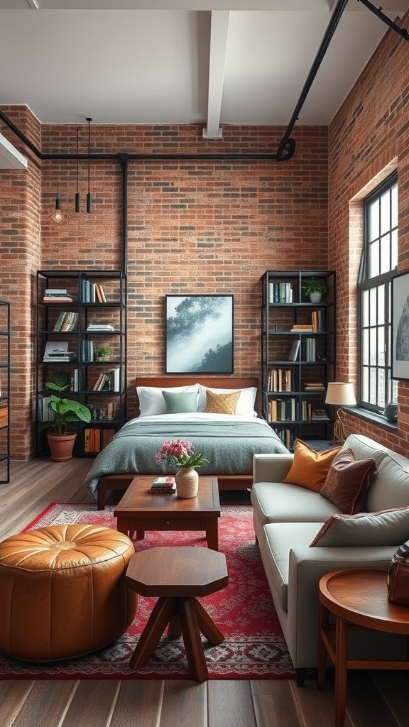 A cozy industrial style room featuring bookshelves, a bed, and a comfortable seating area.