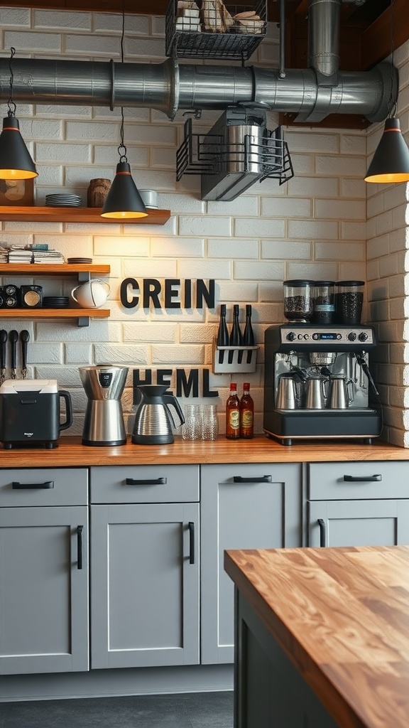 Industrial style coffee station with gray cabinets, wooden countertop, coffee machine, and decorative elements.