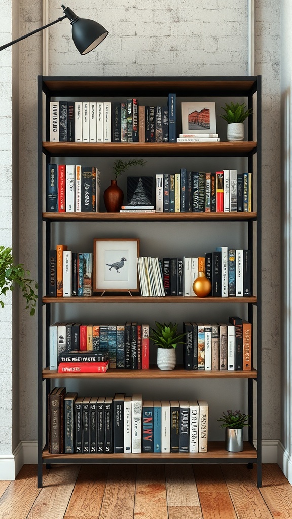 An industrial-style corner bookshelf made of metal and wood, filled with books and decorative items.
