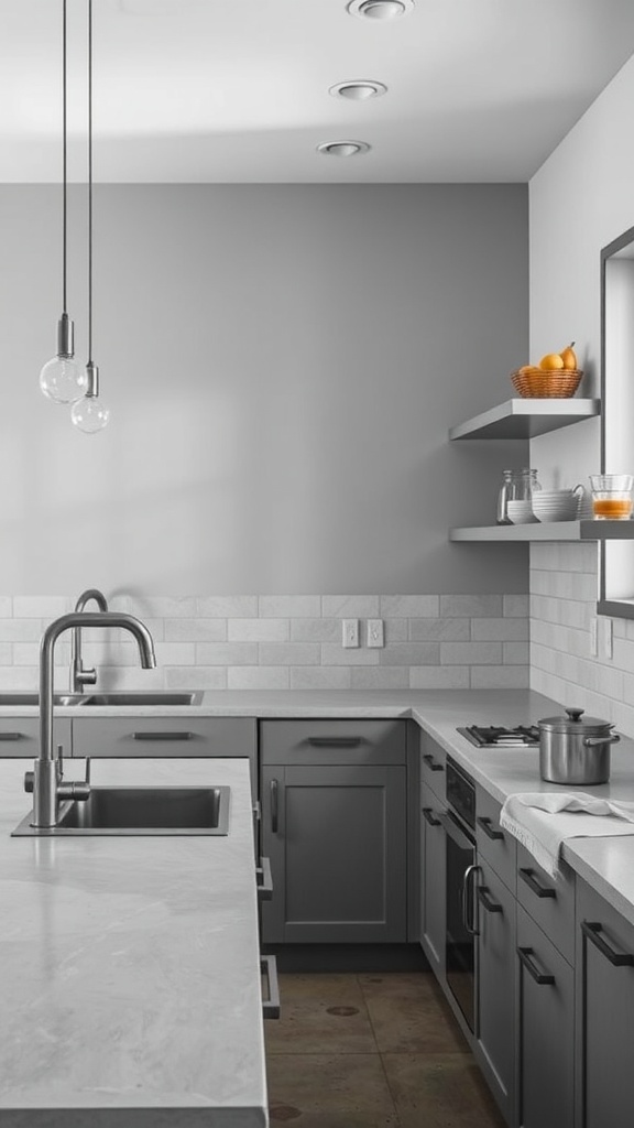 A modern industrial grey kitchen featuring sleek cabinetry, open shelving, and stylish pendant lighting.