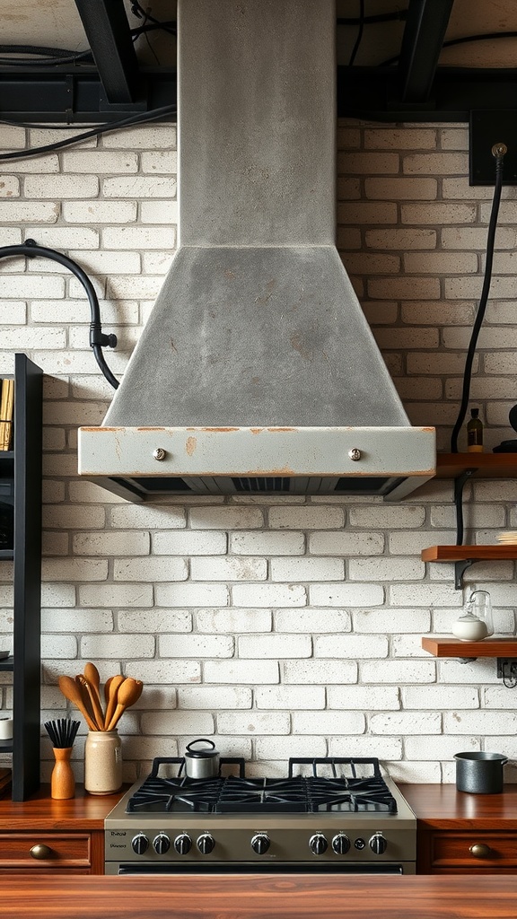 An industrial style kitchen featuring an exposed chimney, white brick walls, and wooden shelves.
