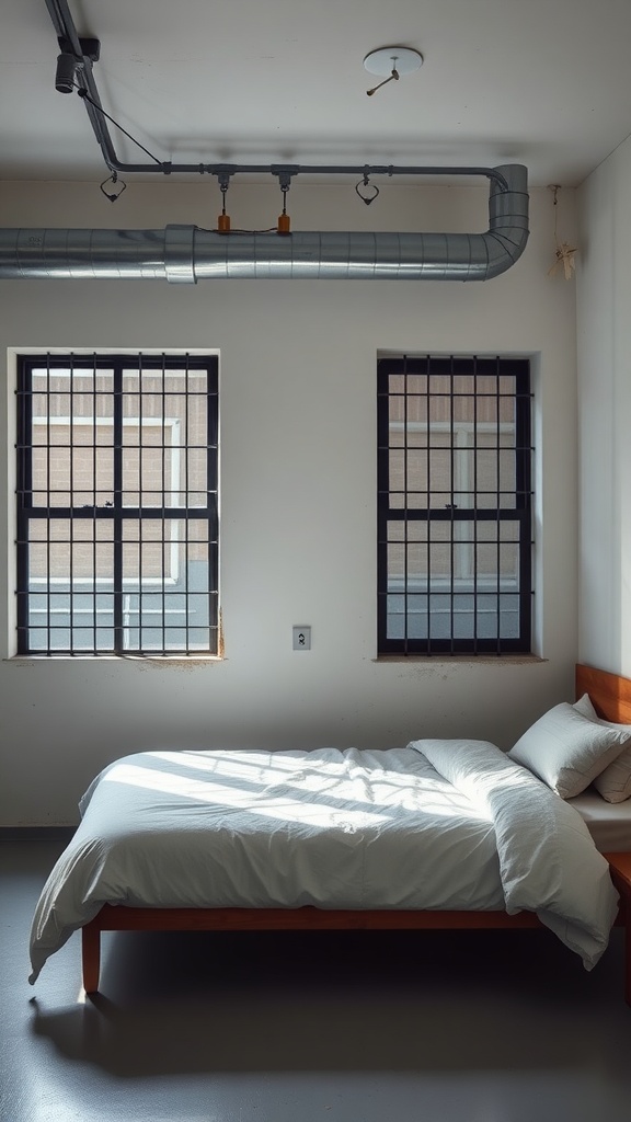 A minimalist bedroom with industrial style metal grilles on windows and a wooden bed.