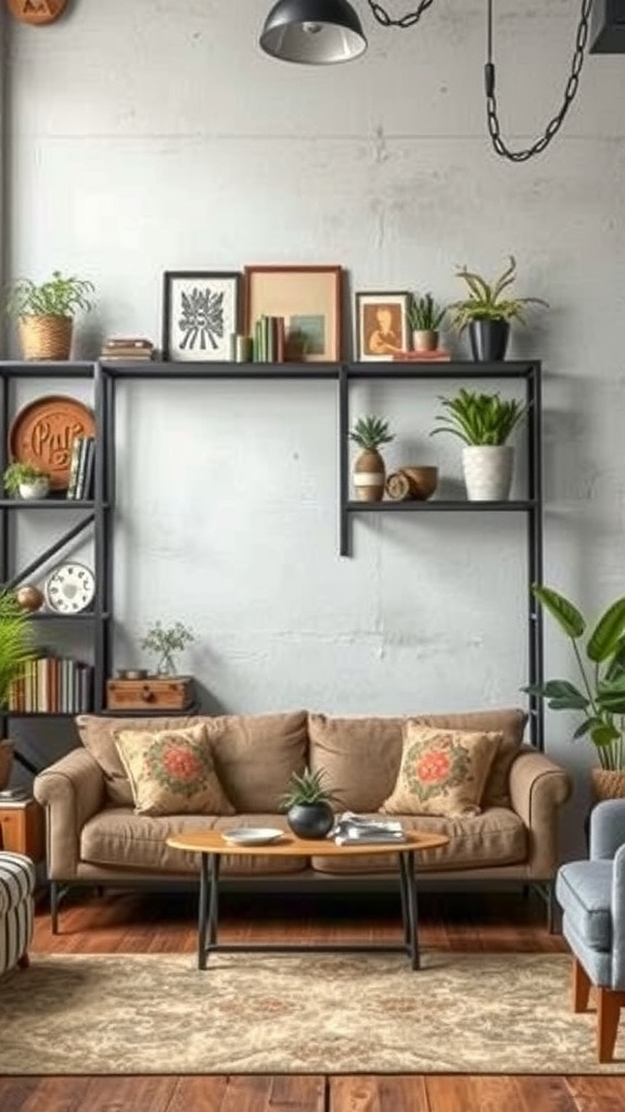 A cozy living room featuring industrial style metal shelves with plants and decorative items.