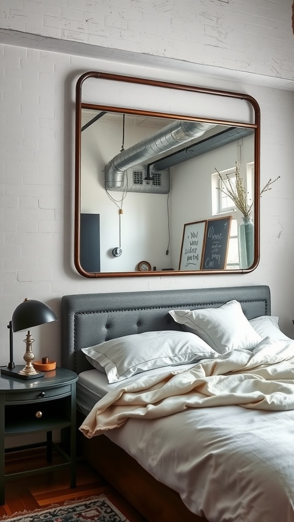 A stylish industrial bedroom featuring a large wooden-framed mirror above a bed with soft bedding and a bedside lamp.