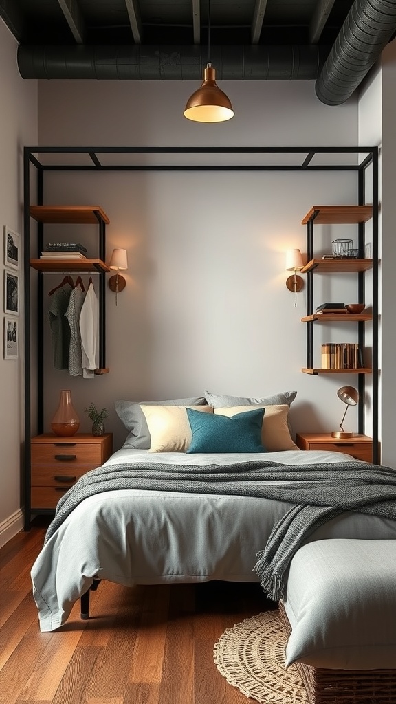 An industrial style open wardrobe in a cozy bedroom with wooden shelves and metal frame.