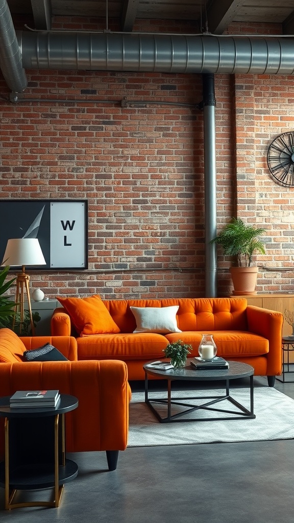An industrial-style living room featuring a vibrant orange sofa, exposed brick walls, and metal accents.