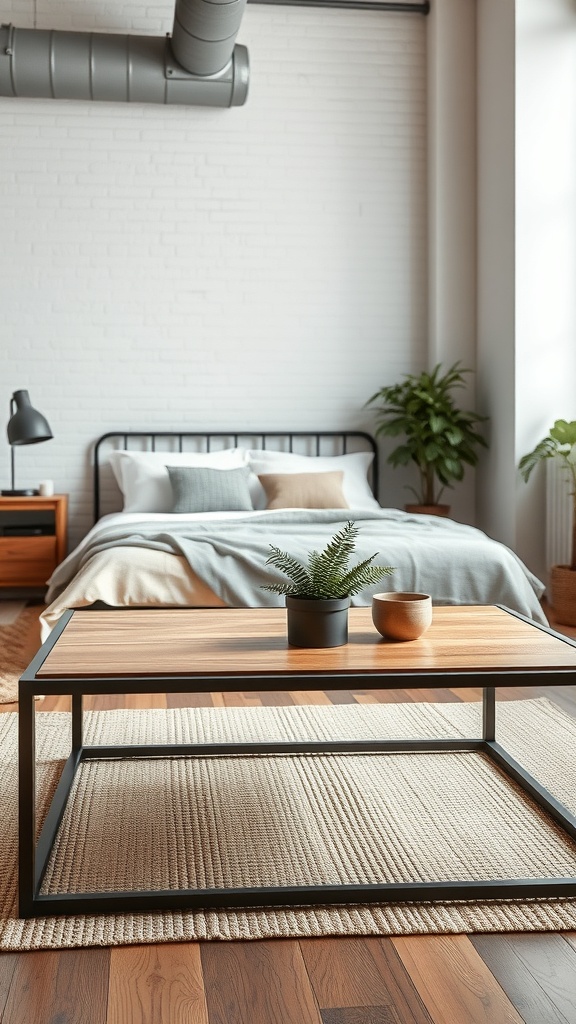Industrial style coffee table with a wooden top and metal frame in a cozy living space