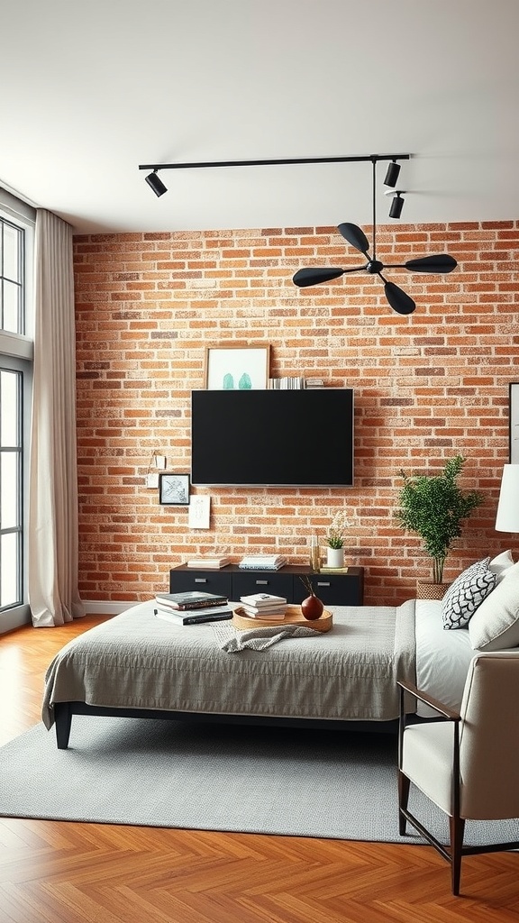 A stylish industrial living room featuring a TV mounted on a brick wall, a cozy bed, and modern furniture.