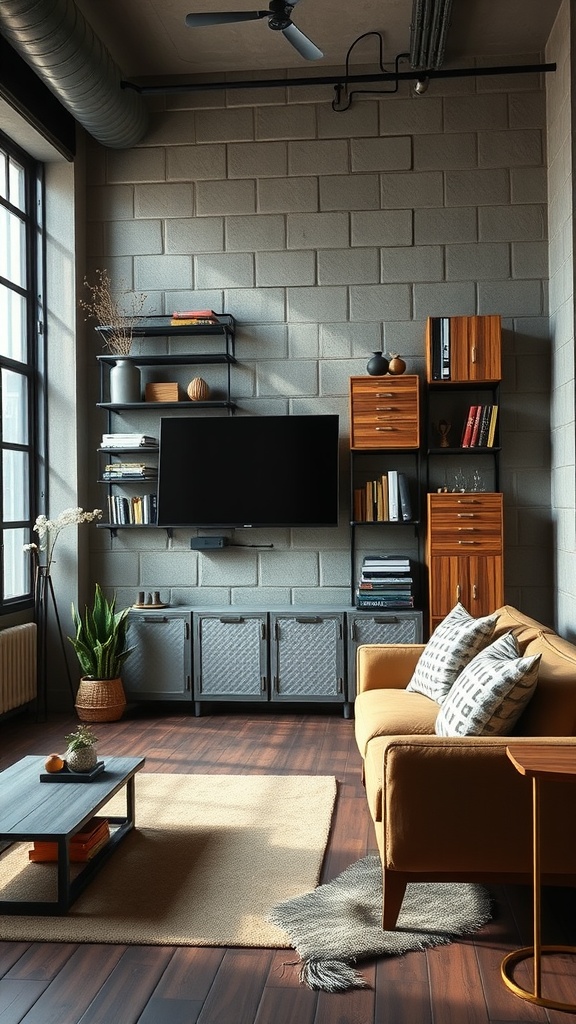 A stylish industrial-style living room featuring metal and wooden wall storage with a TV, plants, and a cozy sofa.