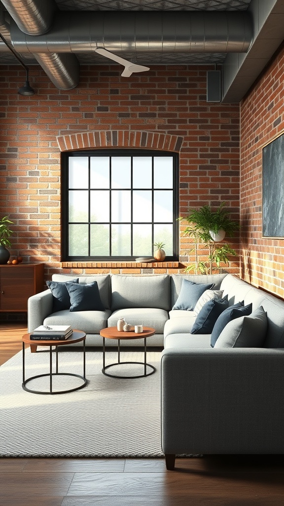 A stylish industrial living room featuring a grey couch, brick walls, and wooden coffee tables.