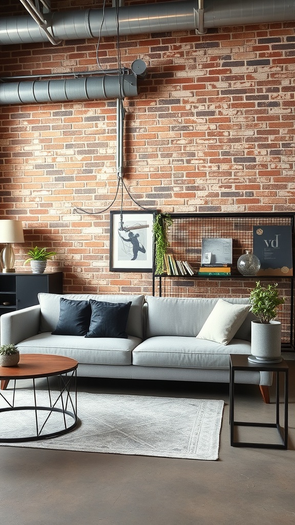 A light gray couch in an industrial-style living room with a brick wall and metal accents.