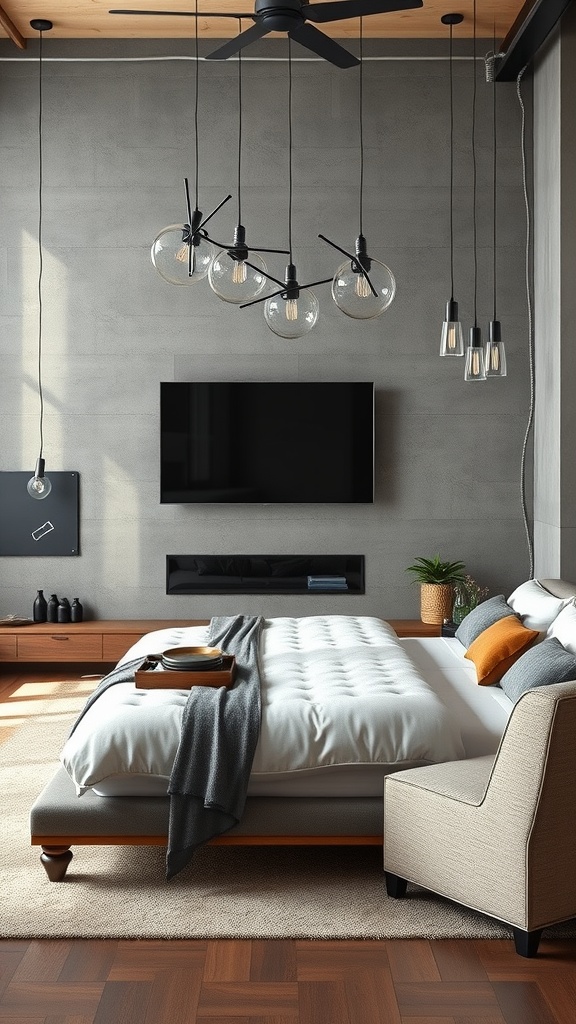 Living room with industrial style featuring a TV wall, metal accents, and cozy decor