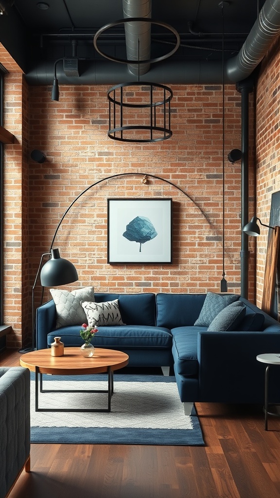 A stylish industrial living room featuring a navy blue sofa, exposed brick walls, and modern lighting.
