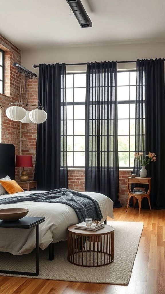 A cozy industrial-style living room featuring black curtains, exposed brick walls, and wooden furniture.