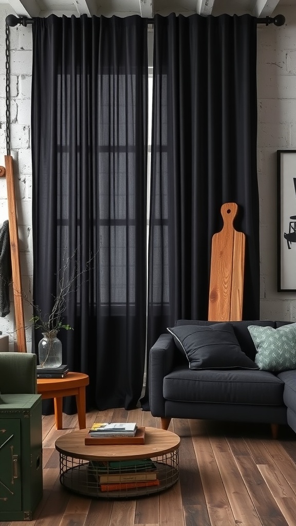 Living room featuring black curtains, wooden furniture, and industrial decor