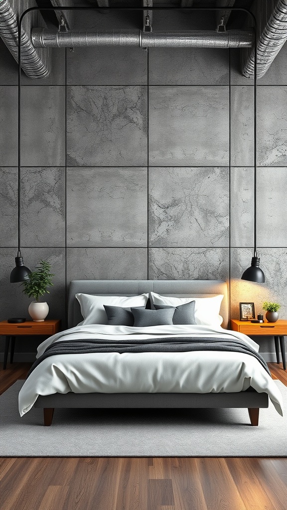 A modern bedroom featuring concrete wall panels, a central bed with soft bedding, dark wood nightstands, and pendant lighting.