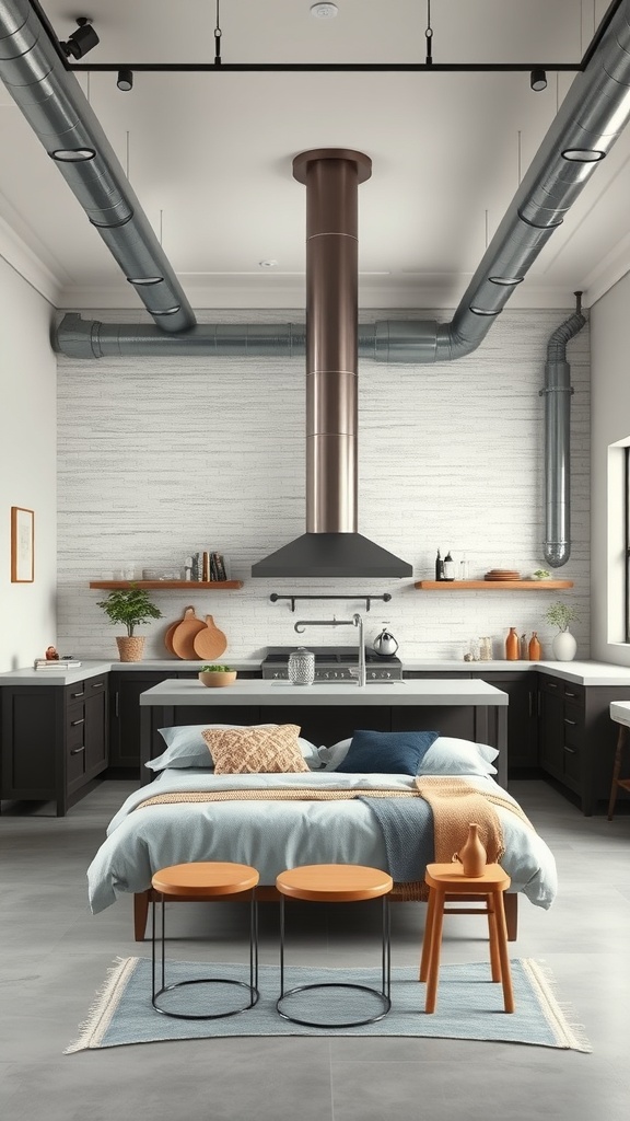A modern kitchen featuring industrial design elements with metal finishes, dark cabinetry, and cozy seating.