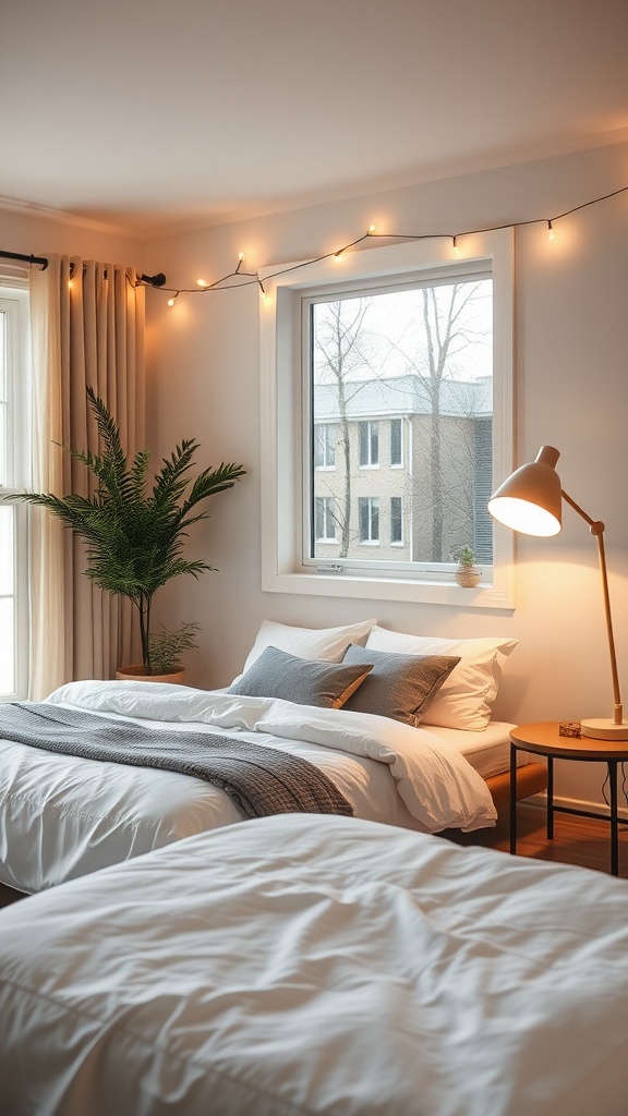 A cozy bedroom with string lights and a stylish floor lamp