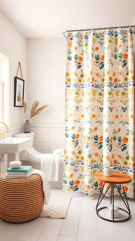 A bright floral shower curtain in a modern bathroom setting