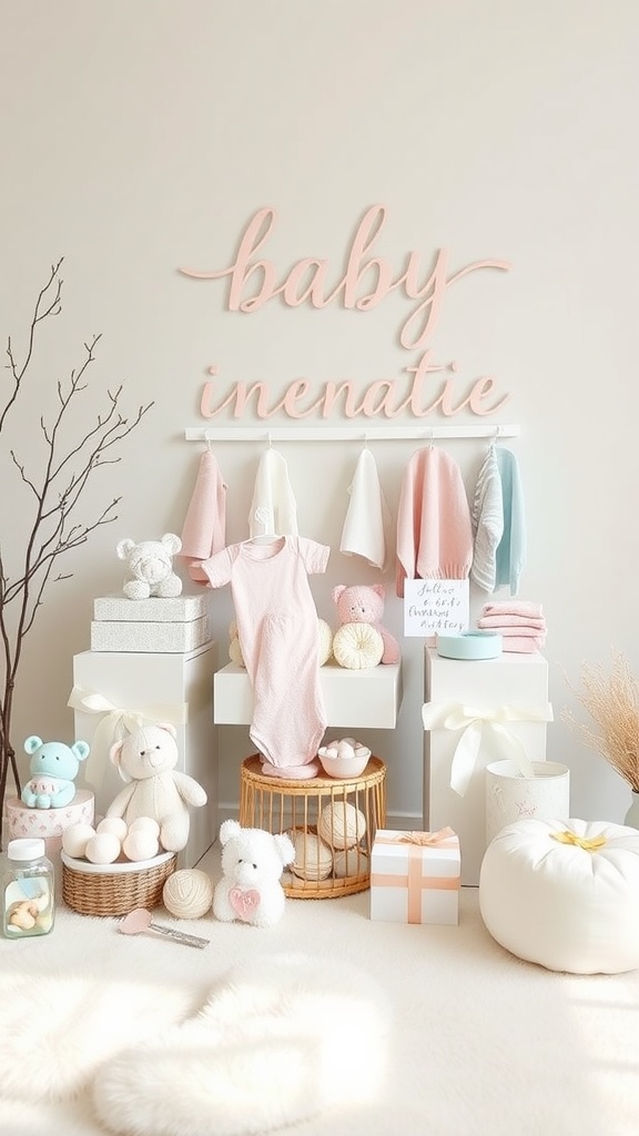 A cozy gift station featuring baby clothes, toys, and decorative items.