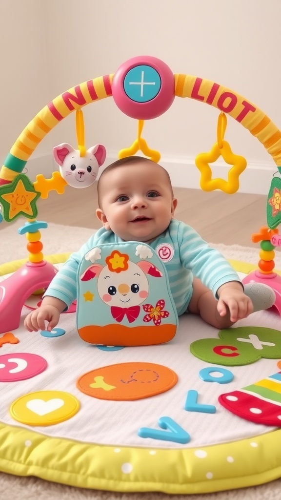 A baby boy playing on a colorful infant play gym, smiling and engaging with hanging toys.