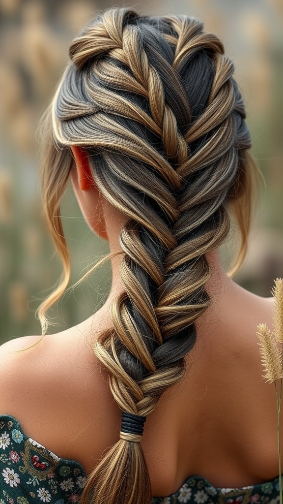 A beautifully styled infinity braid with blended hair colors, showcasing a bohemian hairstyle.