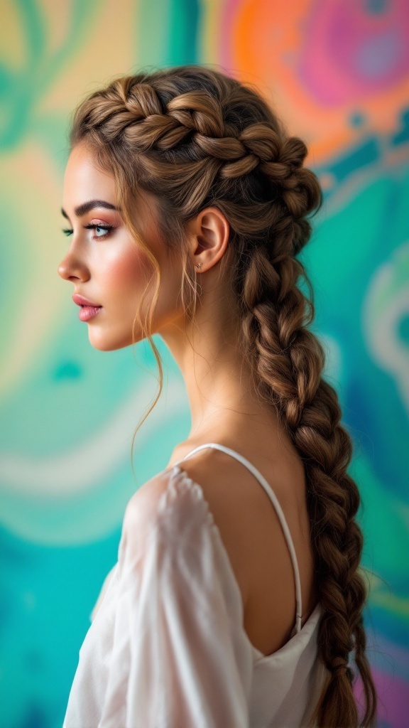 A woman with a beautiful infinity braid hairstyle, showcasing long hair.