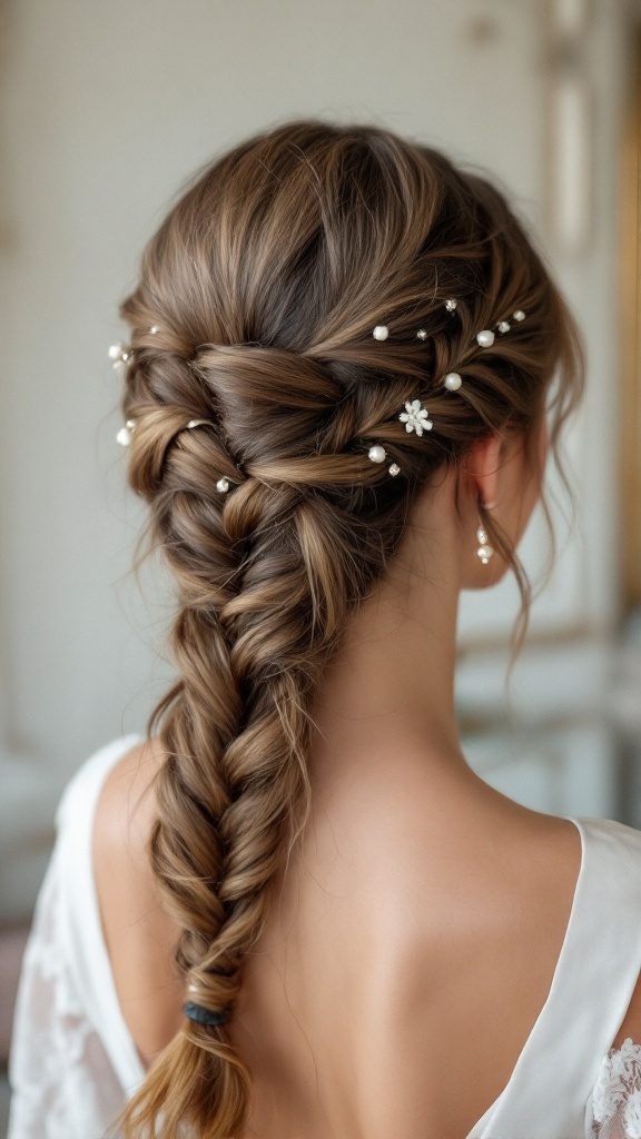 A braided hairstyle with beads, showcasing an infinity braid style for bridesmaids.