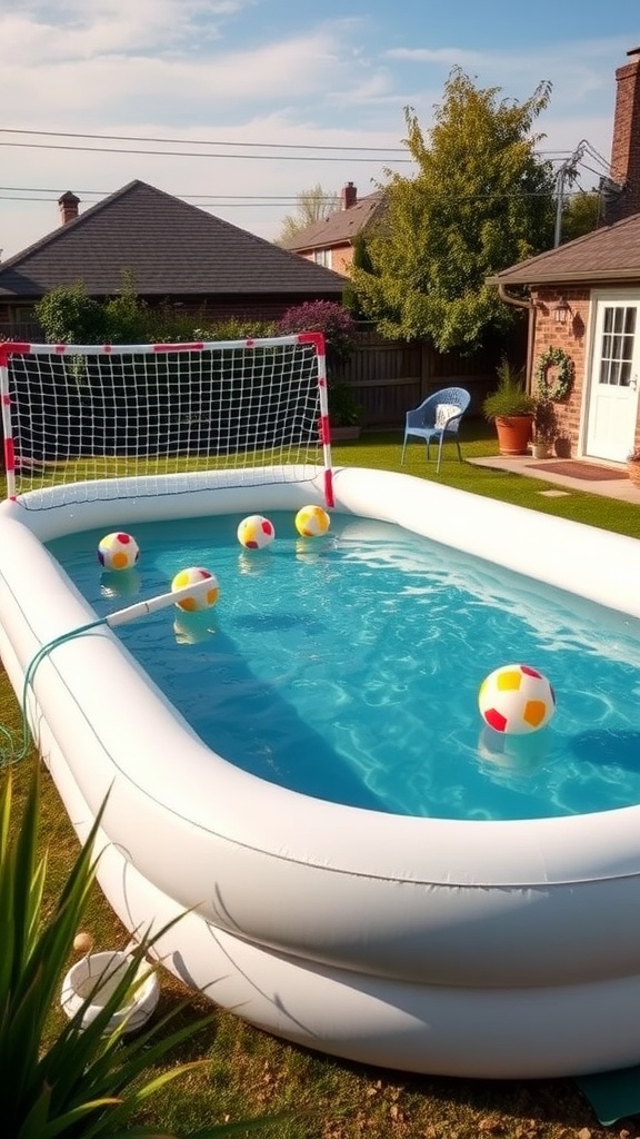 Inflatable pool set up for a sports area with a goal net and colorful balls