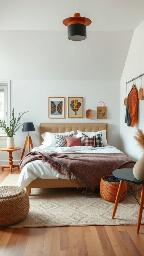 A Scandinavian boho bedroom featuring a cozy bed with patterned pillows, wooden furniture, and artistic wall decor.
