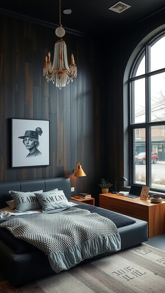 A modern bedroom featuring a sleek black bed, decorative pillows, a stylish chandelier, and large windows.