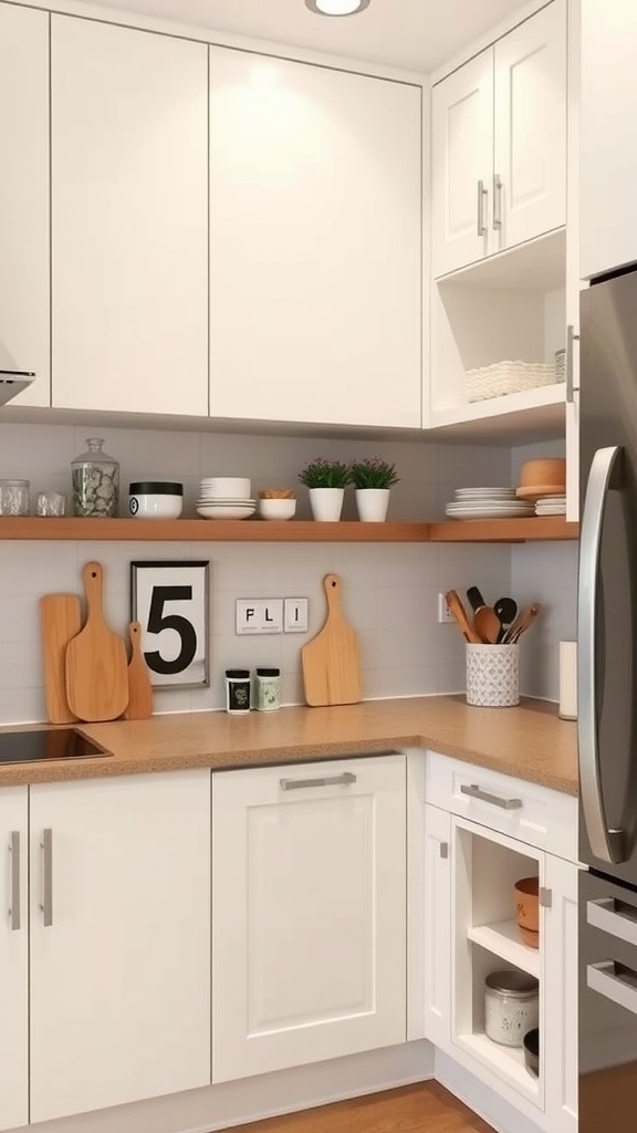 A modern kitchen corner with white cabinets, wooden countertop, and open shelves.