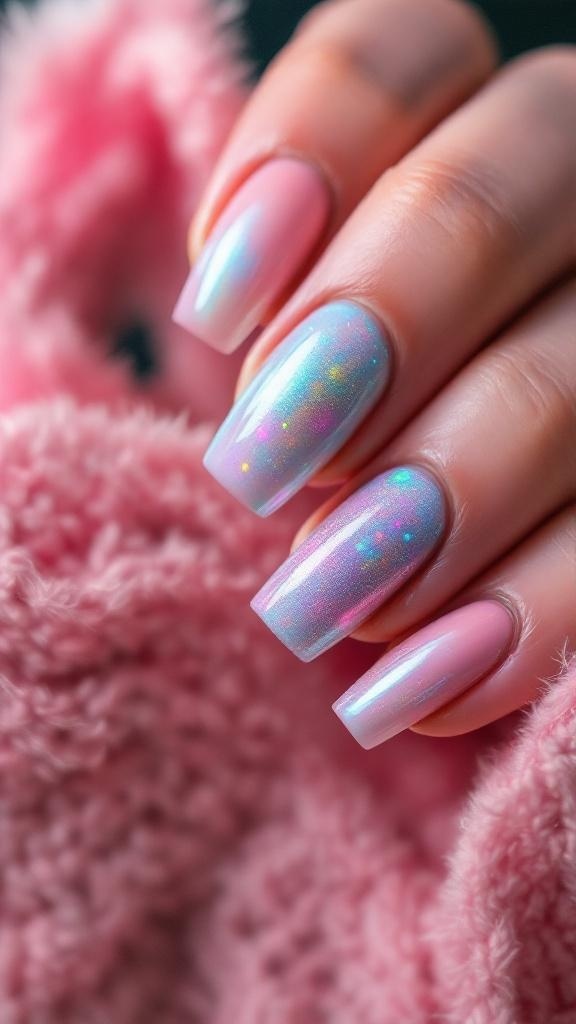 Two hands displaying cotton candy chrome nails with pastel hues and rings on fingers